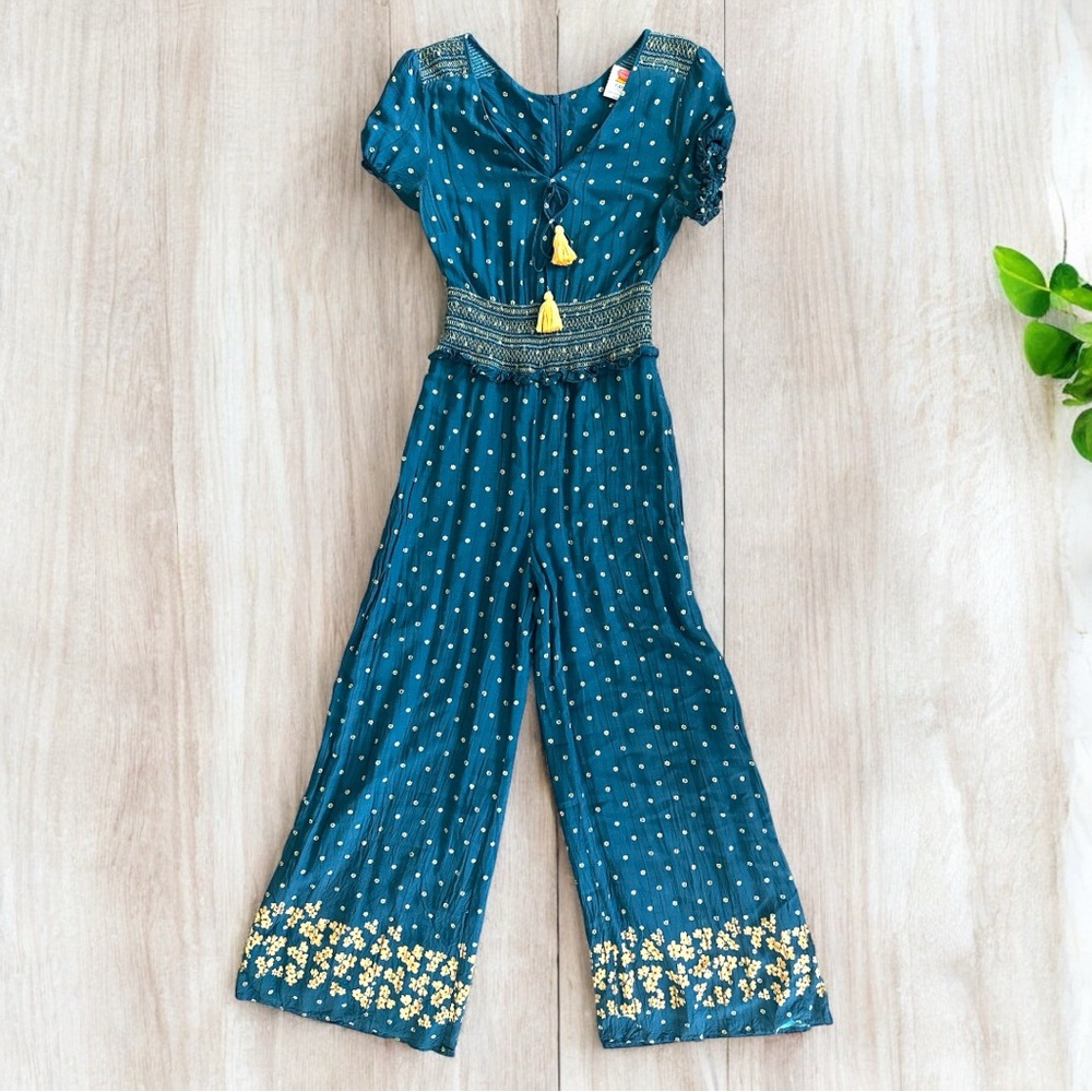Farm Rio Anthropologie Turquoise W/ Yellow Floral Print Wide Leg Jumpsuit Romper